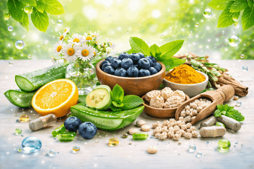 Natural ingredients used to support oral health, including plant-based nutrients and herbal components featured in Oradentum.