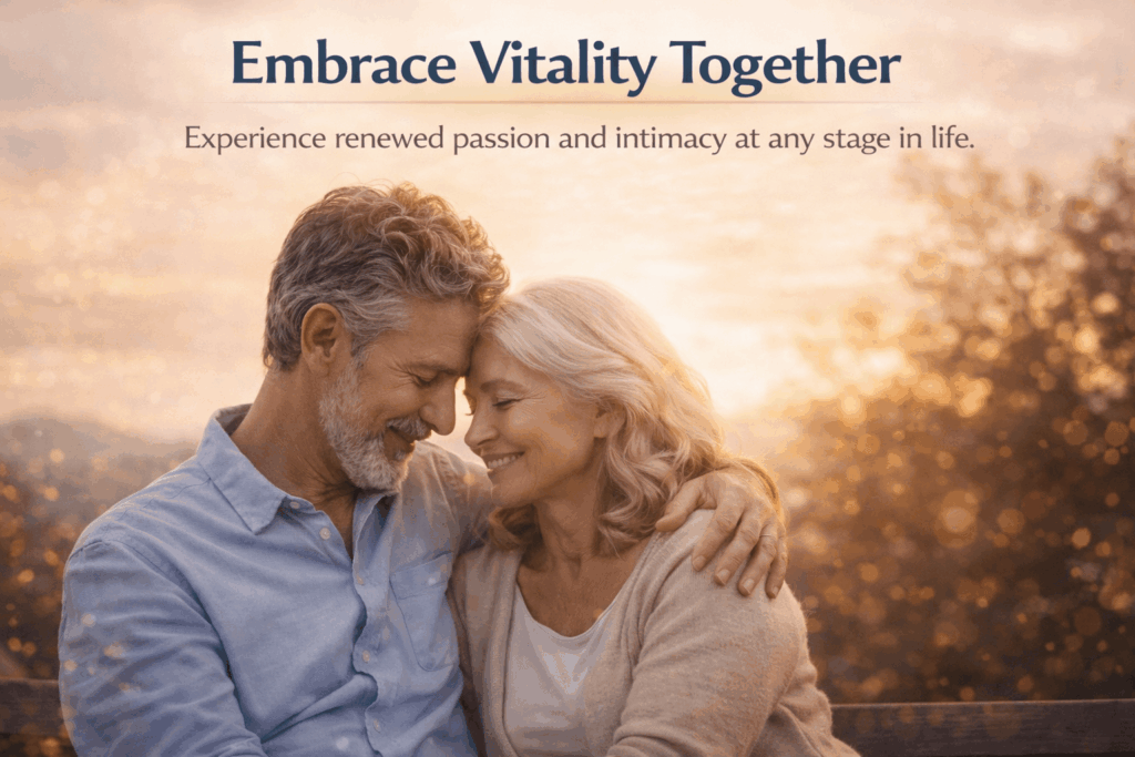 Romantic elderly couple sharing affection and emotional connection, representing well-being, companionship, and quality of life.