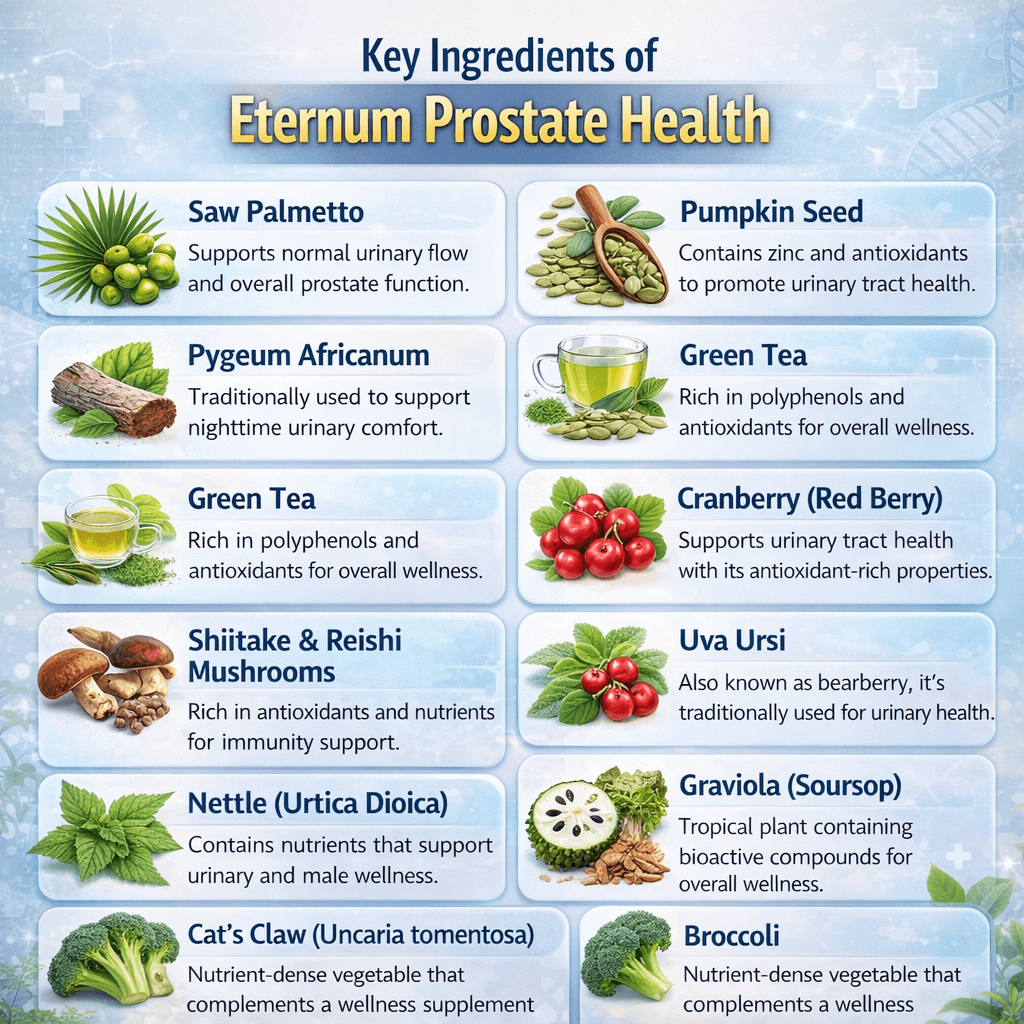 "Key ingredients of Eternum Prostate Health including Saw Palmetto, Pumpkin Seed, Pygeum Africanum, Green Tea, Cranberry, Uva Ursi, Shiitake, Reishi, Nettle, Graviola, Cat’s Claw, and Broccoli, showing benefits for male wellness and urinary health."