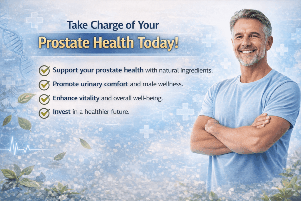"Healthy adult male smiling and standing with arms crossed, representing prostate health, urinary comfort, male vitality, and overall wellness in a clean and modern infographic."