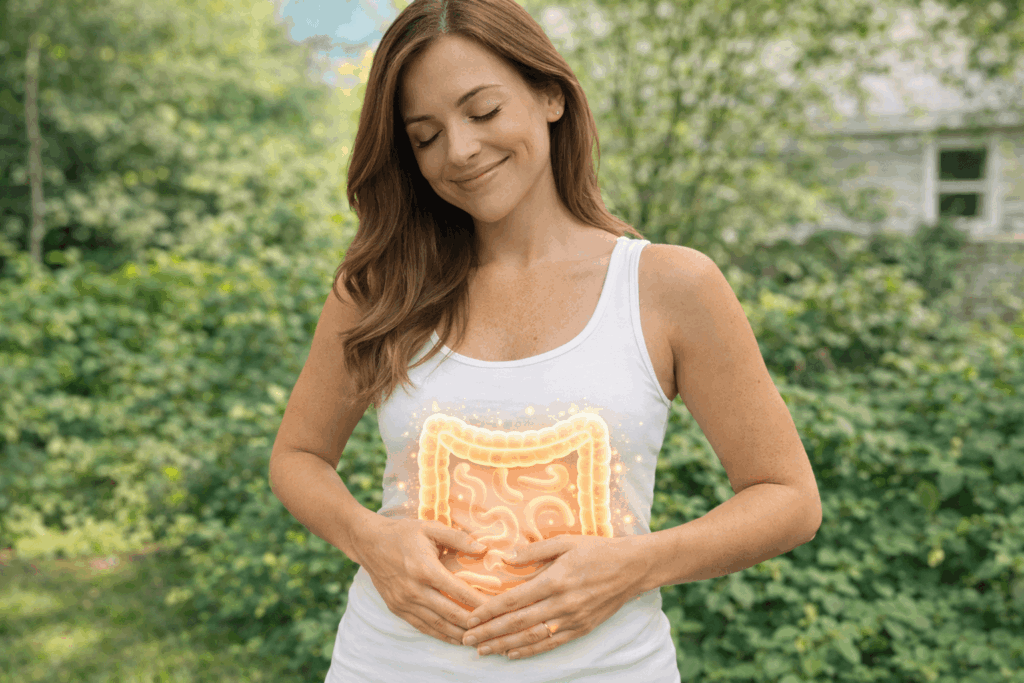 Woman experiencing gentle digestive comfort and balanced gut health