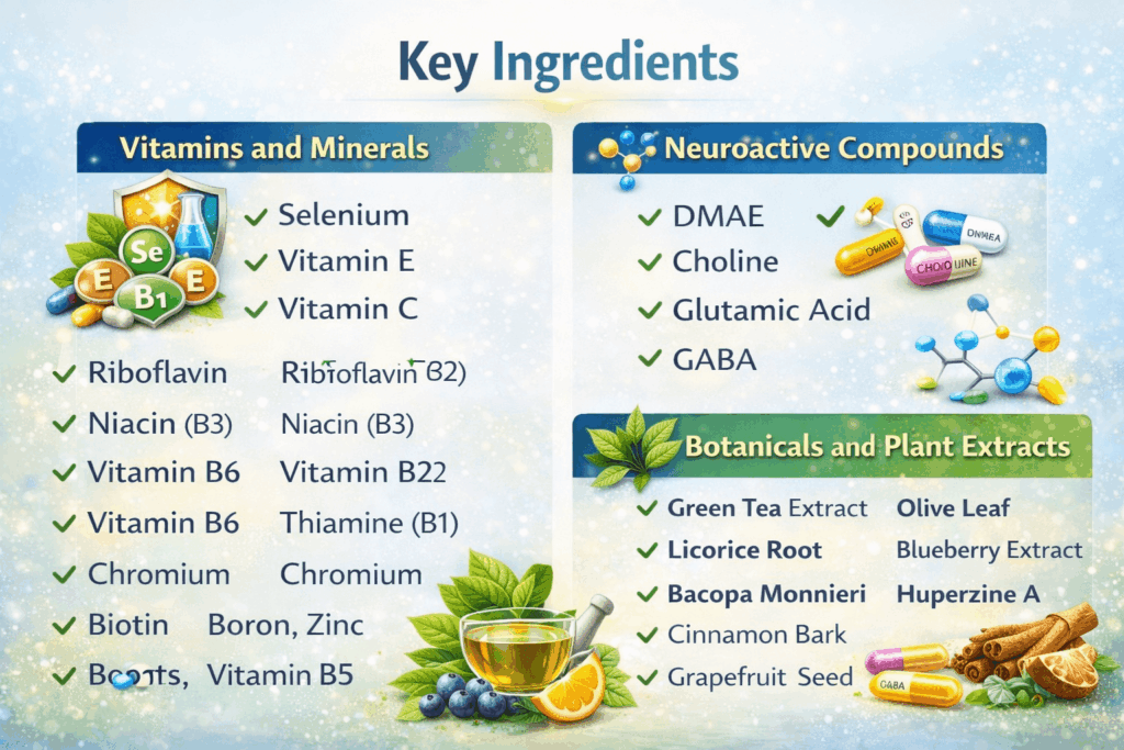 Infographic showing the main ingredients of Neurozoom and their benefits for memory, focus, brain health, cognitive function, and mental clarity.
