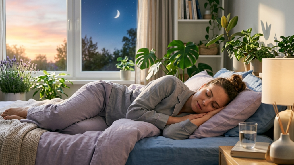 “Peaceful woman sleeping comfortably in a cozy bed, representing restful sleep, relaxation, and natural ways to improve sleep quality.”
