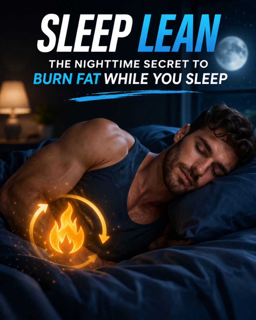 “Sleep Lean nighttime fat-burning supplement bottle on bed with night sky background, promoting fat loss while you sleep”