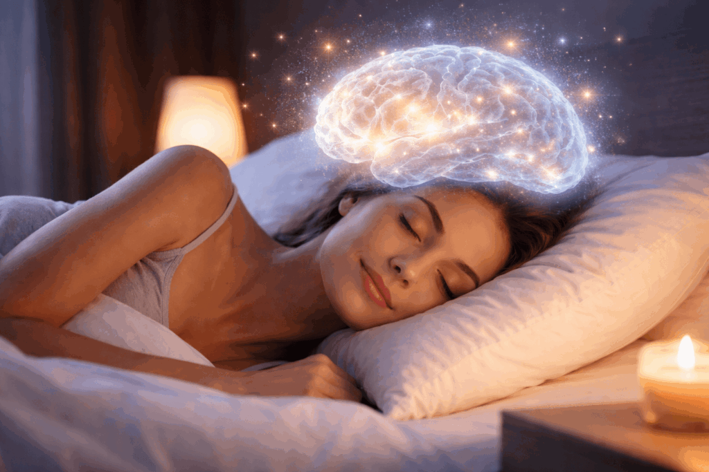 Peaceful woman sleeping comfortably in a calm bedroom, representing deep and restful sleep