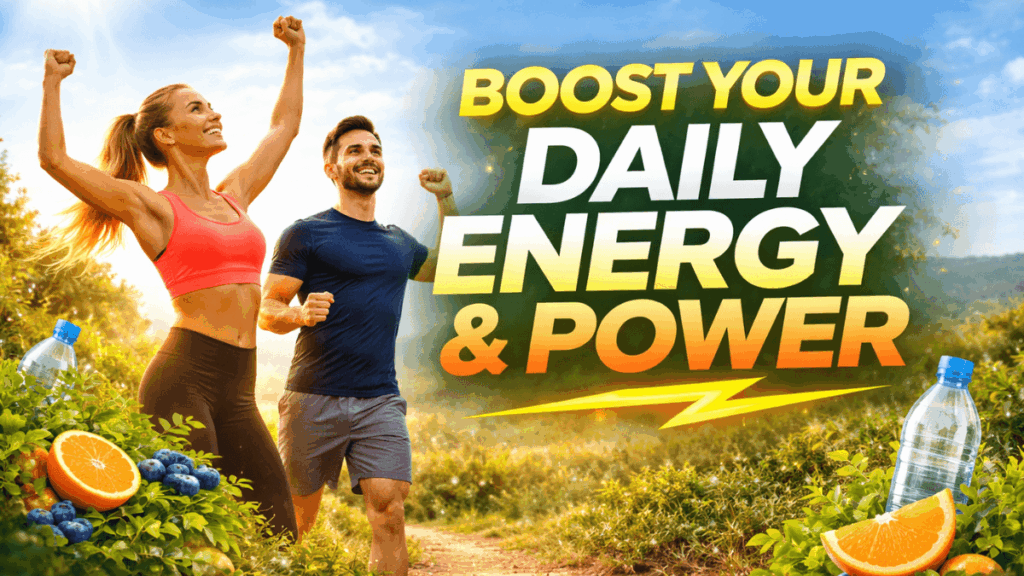 Active couple outdoors showing energy and vitality, representing natural ways to boost daily energy and maintain a healthy lifestyle with hydration and nutrition