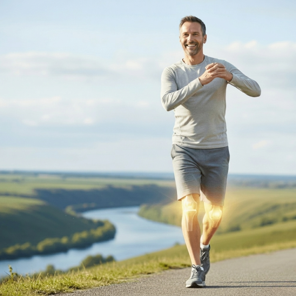 Healthy adult walking with flexible knees and elbows, showing joint mobility