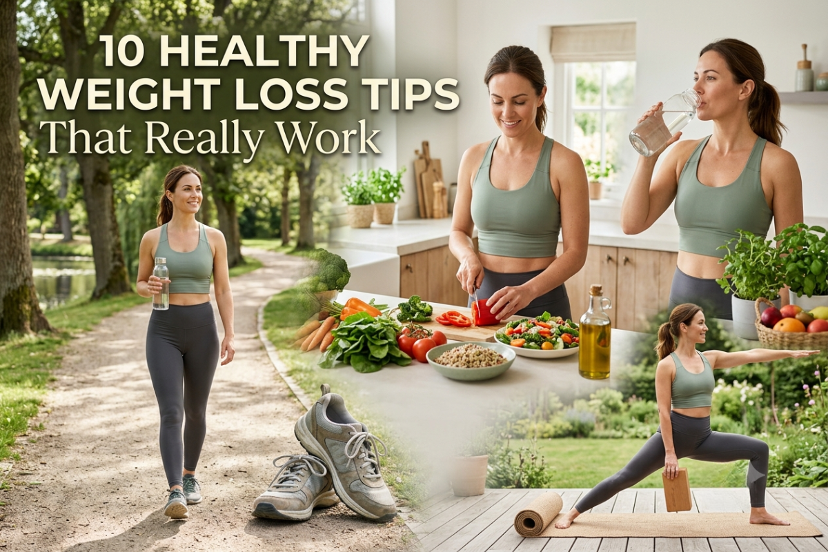 Healthy weight loss tips with balanced food, exercise, and wellness lifestyle habits