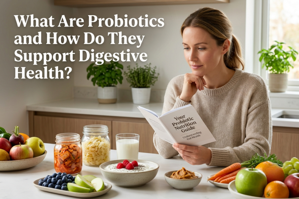 Healthy probiotic foods and a person learning about probiotics for digestive health