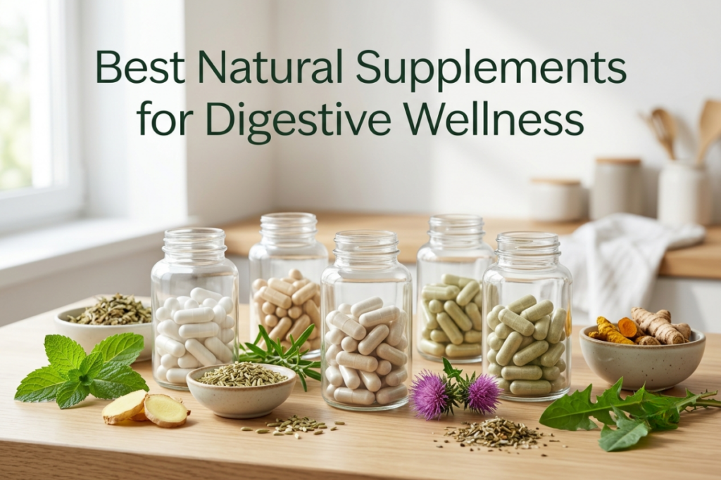 Natural digestive supplements with plant-based ingredients, capsules, herbs, and wellness products for digestive health support
