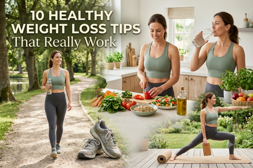 Healthy weight loss tips with balanced food, exercise, and wellness lifestyle habits