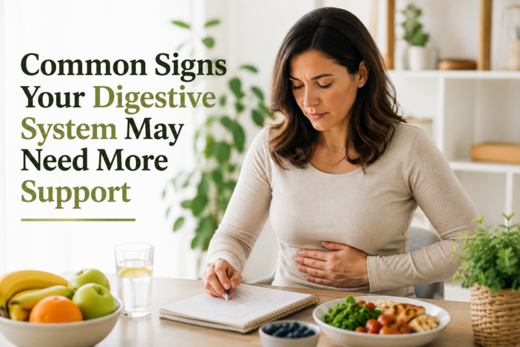 Woman experiencing digestive discomfort and learning about digestive system support