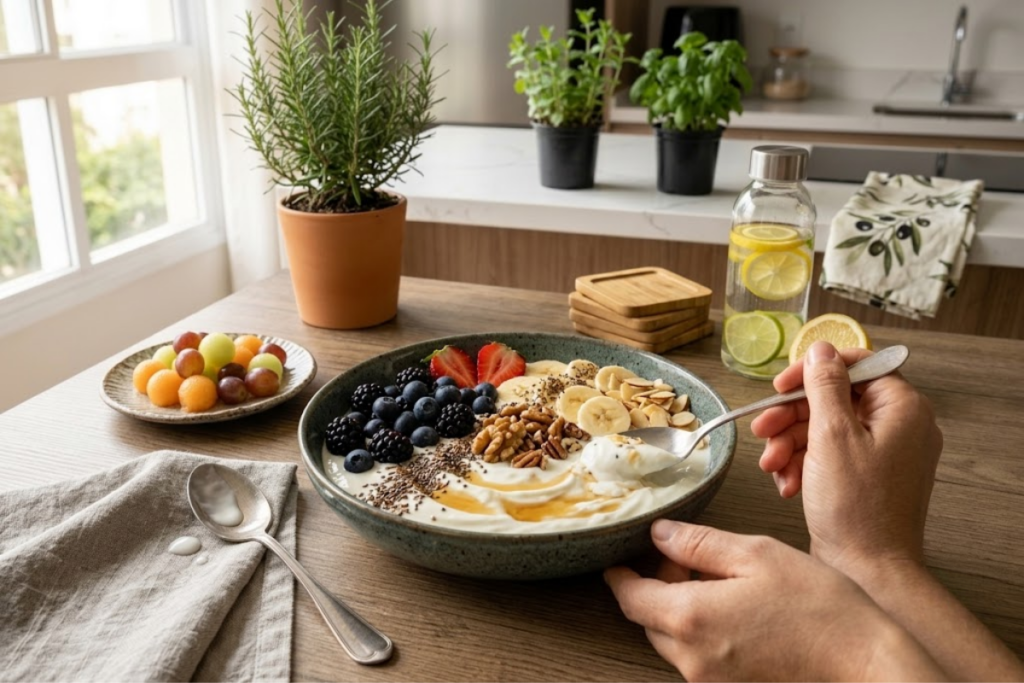 Healthy Greek yogurt bowl with fresh berries, oats, chia seeds, and walnuts prepared as a nutritious breakfast recipe.