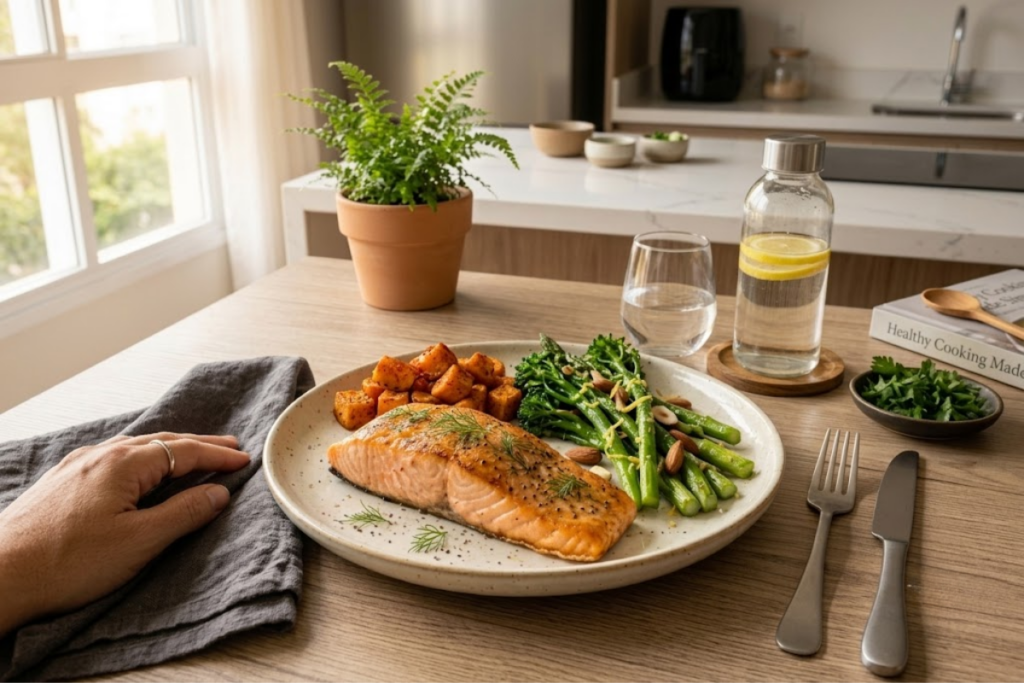 Healthy salmon dinner with sweet potato and vegetables prepared as a balanced and nutritious meal.