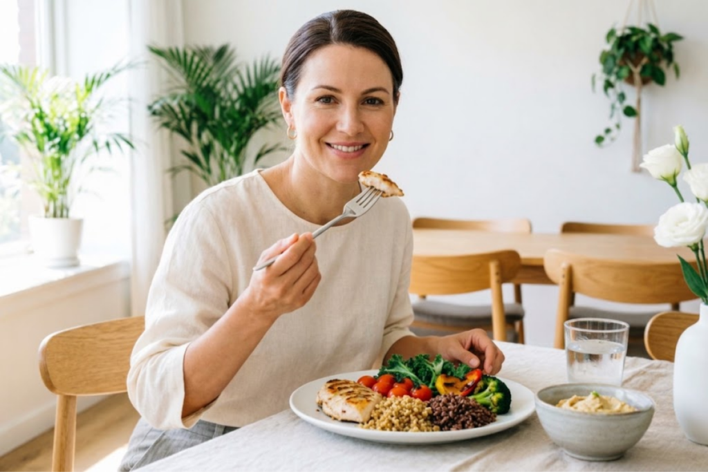 Woman enjoying a balanced meal slowly at a table, representing mindful eating and healthy food habits.
