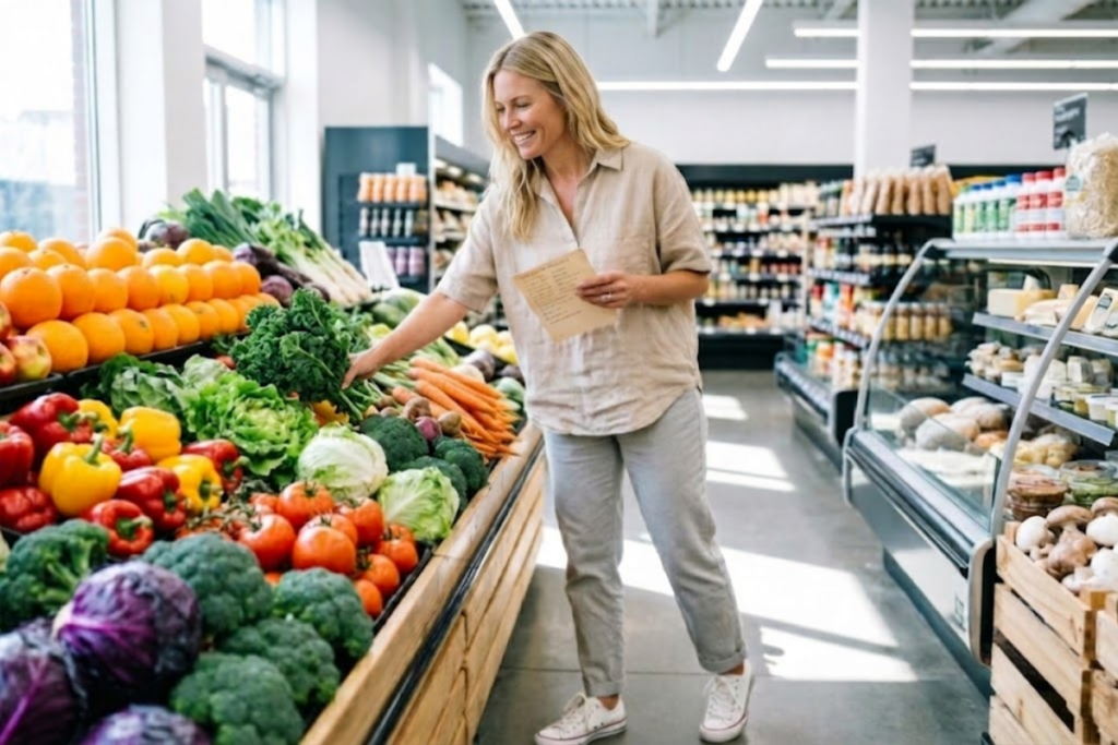 Balanced grocery list with fresh vegetables, fruits, whole grains, and healthy ingredients organized for meal planning.