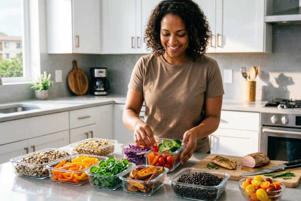 Prepared healthy ingredients including chopped vegetables, cooked grains, and protein portions ready for simple meal preparation.