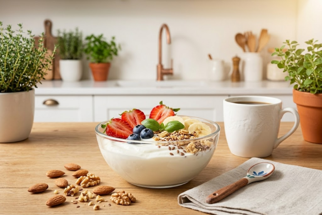 Greek yogurt bowl with fresh berries, homemade granola, chia seeds, and almonds prepared as a balanced healthy breakfast.