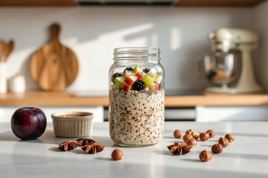 Overnight oats with apple, cinnamon, chia seeds, and walnuts prepared as a convenient and nutritious breakfast option.