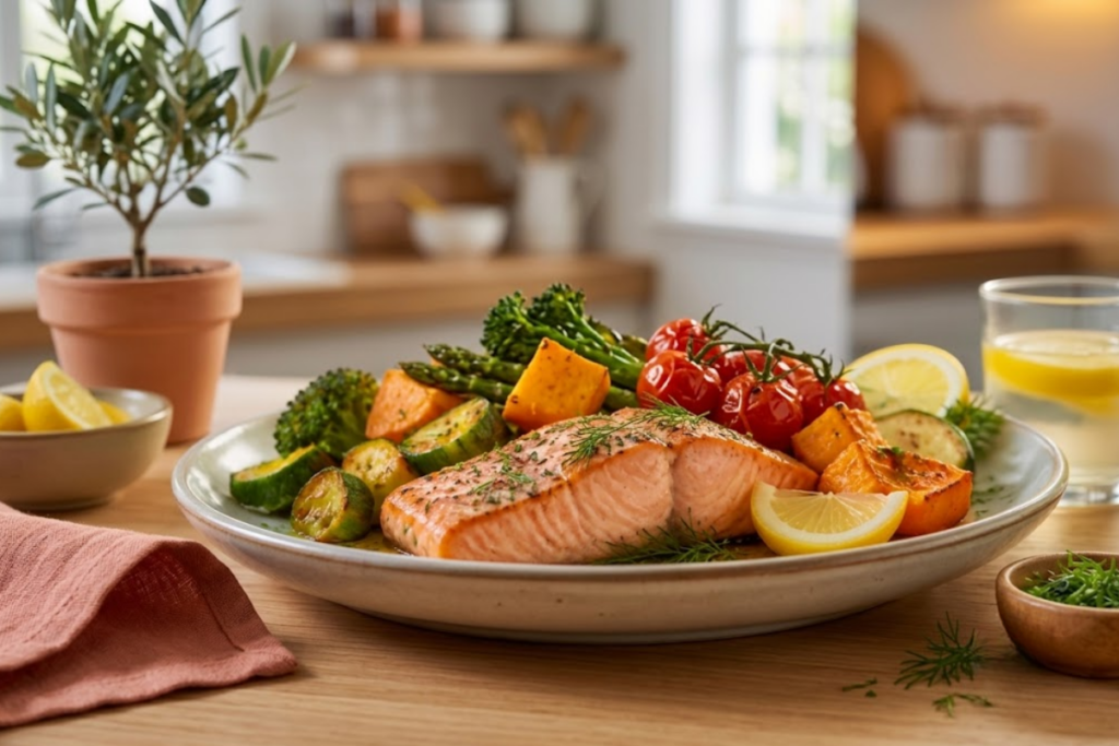 Baked salmon with roasted vegetables, sweet potatoes, broccoli, zucchini, and fresh ingredients prepared as a balanced healthy dinner meal.