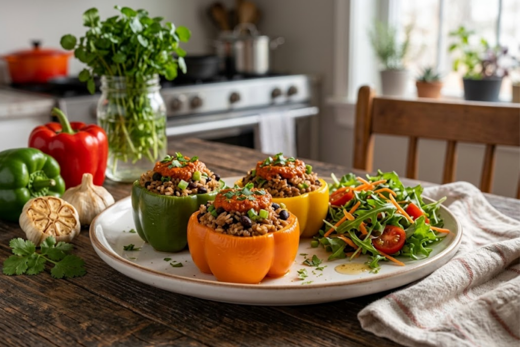 Turkey stuffed bell peppers filled with lean turkey, brown rice, tomato sauce, and fresh ingredients prepared as a balanced healthy dinner recipe.