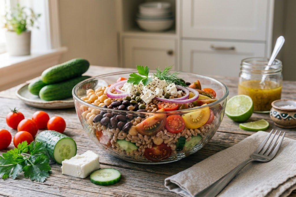 Mediterranean quinoa salad with cucumber, cherry tomatoes, chickpeas, feta cheese, herbs, and fresh ingredients for a healthy lunch option.