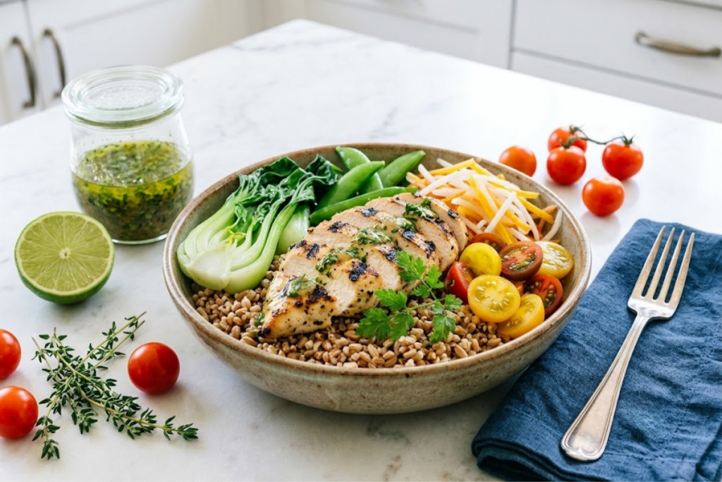 Lemon herb chicken rice bowl with grilled chicken, brown rice, broccoli, carrots, cherry tomatoes, and fresh ingredients for a balanced lunch.