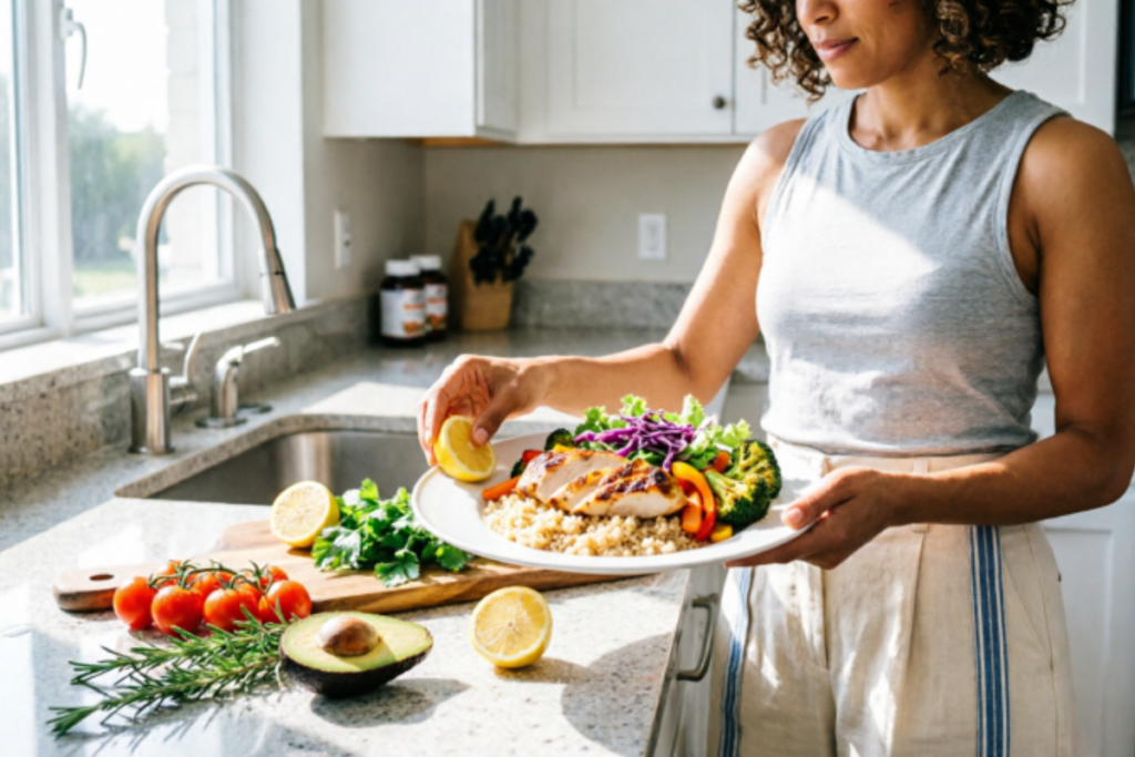 Healthy woman preparing a balanced meal with grilled chicken, vegetables, brown rice, and nutritious ingredients in a modern kitchen.