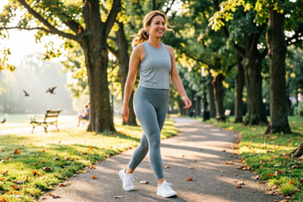 Healthy woman walking outdoors in a park, representing regular physical activity and a balanced wellness lifestyle.